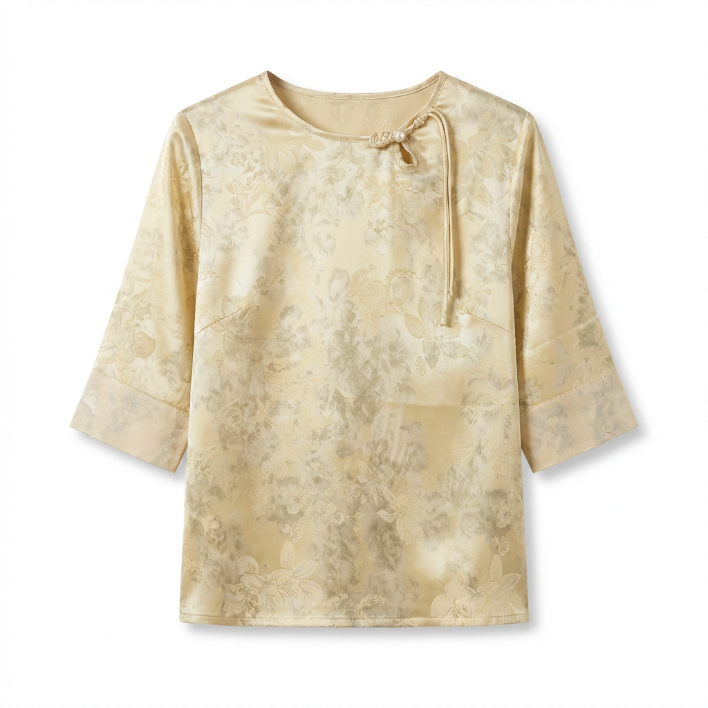 New Chinese-styleWomen's Summer Top, Round Neck, Half Sleeves, Lightweight Elegant Shirt