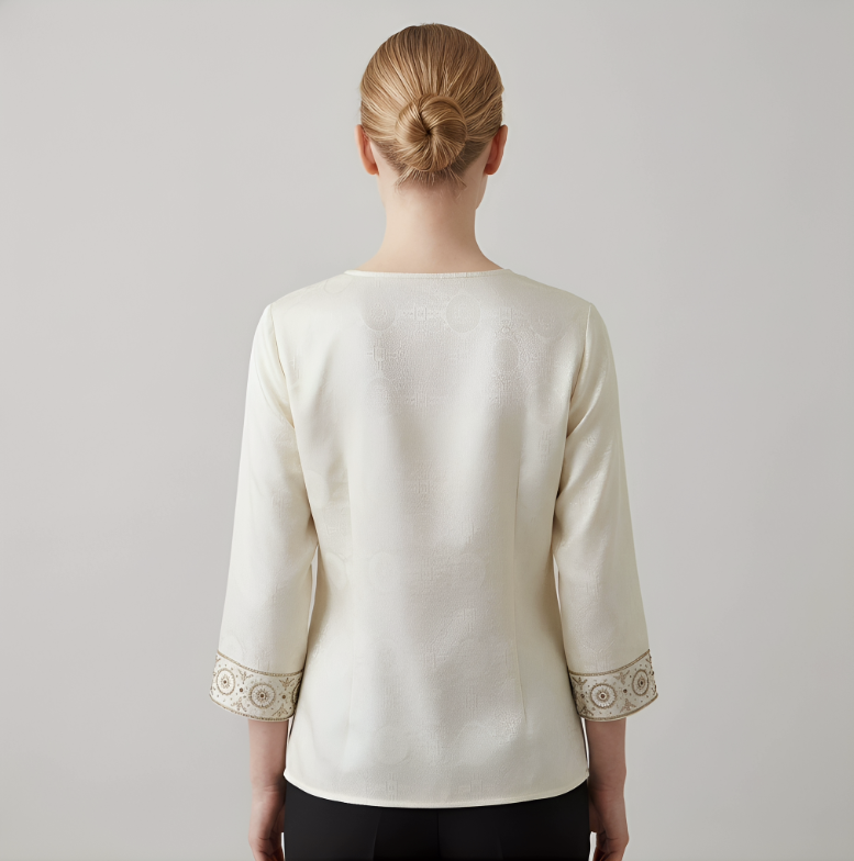 New Chinese-style Women's top jacquard silk shirt three-quarter sleeve embroidery small shirt round neck