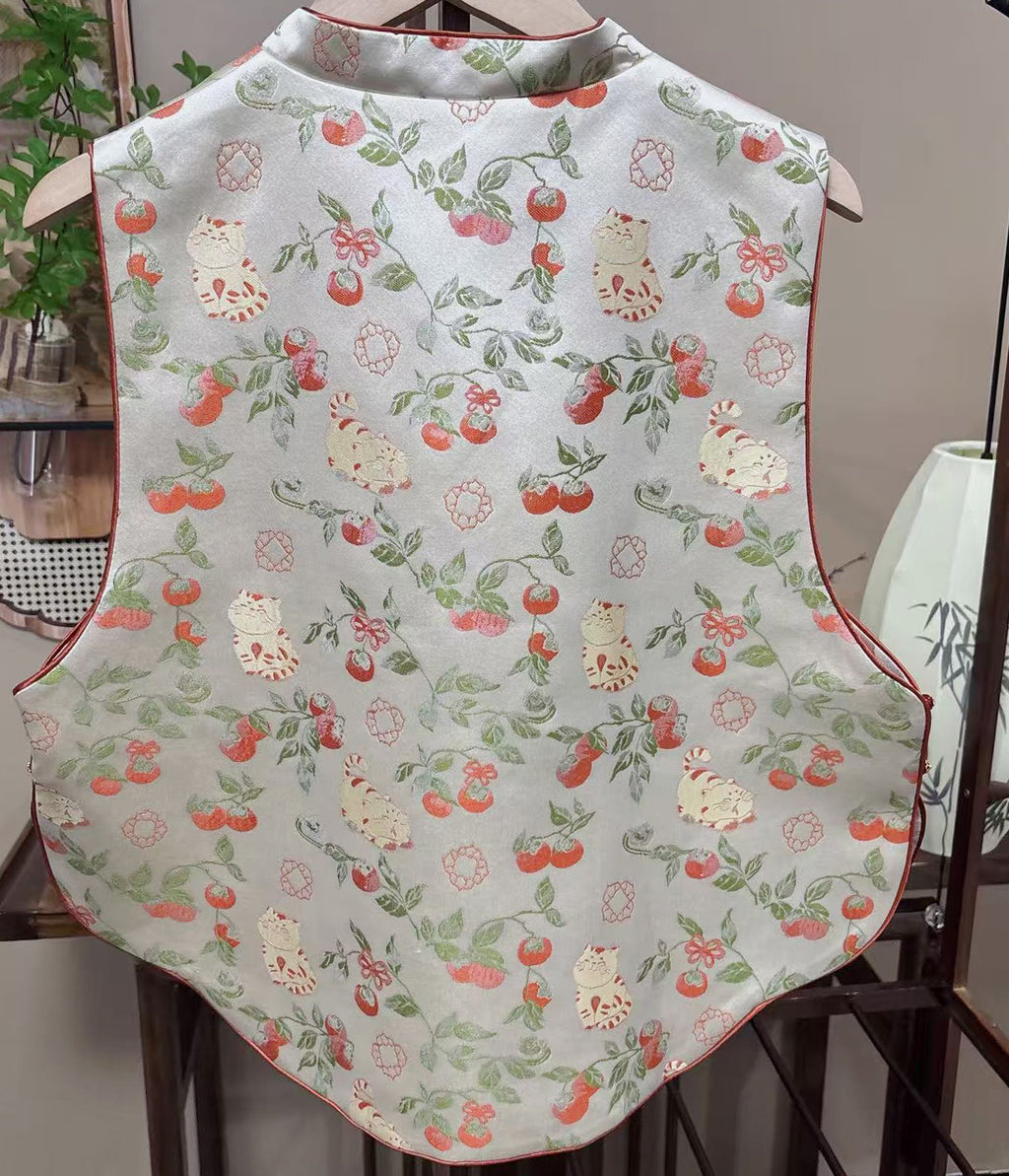 New Chinese-style Persimmon Cat Jacquard Vest Can be worn on both sides