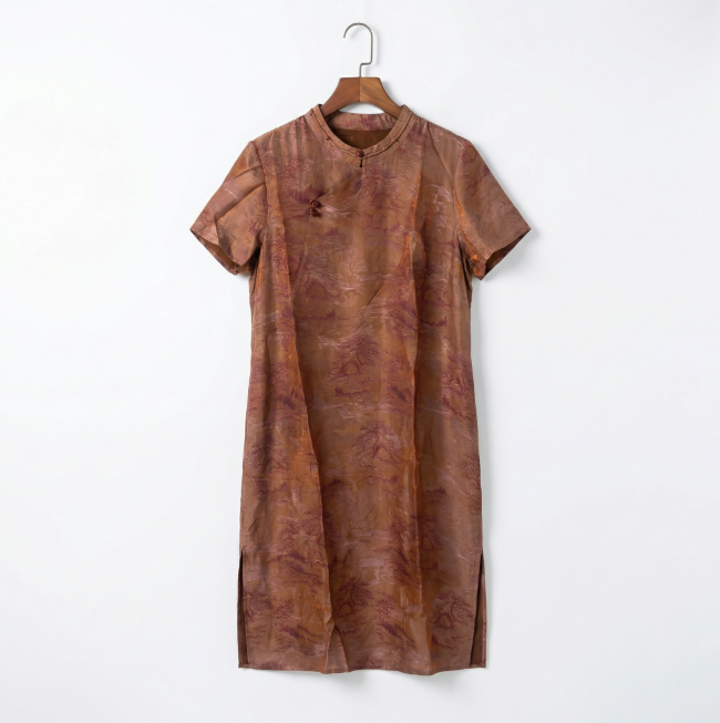 New Chinese-style Xiangyunsha Landscape Cheongsam, Vintage Brown Loose Modified Dress