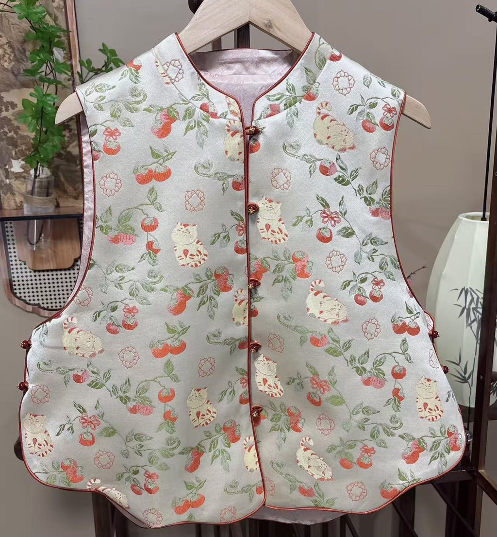 New Chinese-style Persimmon Cat Jacquard Vest Can be worn on both sides