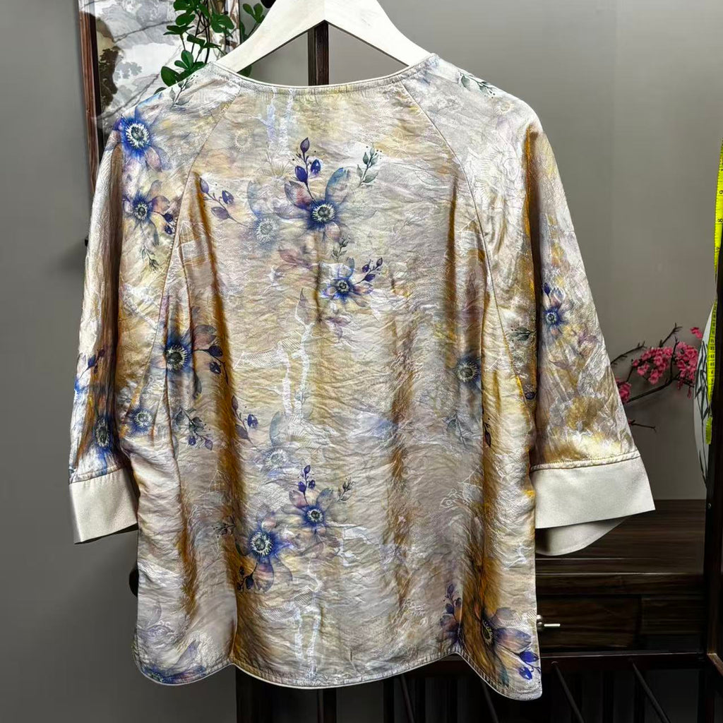 New Chinese-style Gold Blue Floral Jacquard Chinese Blouse