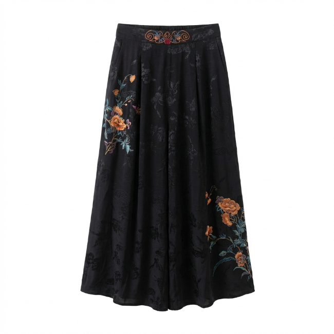 New Chinese-style Embroidered Wide-Leg Pants, Black Jacquard Draped Cropped Trousers