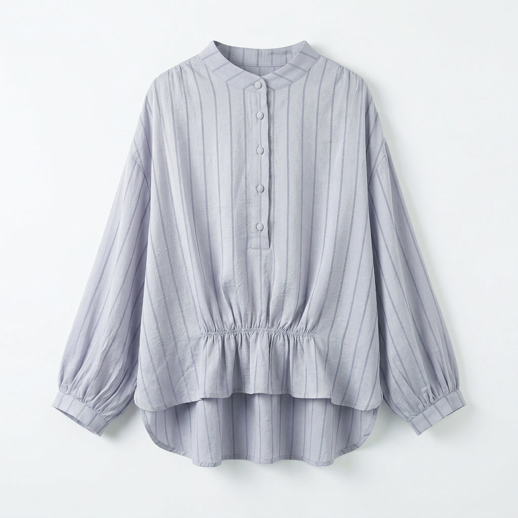New Chinese-style Light Blue Striped Peplum Blouse