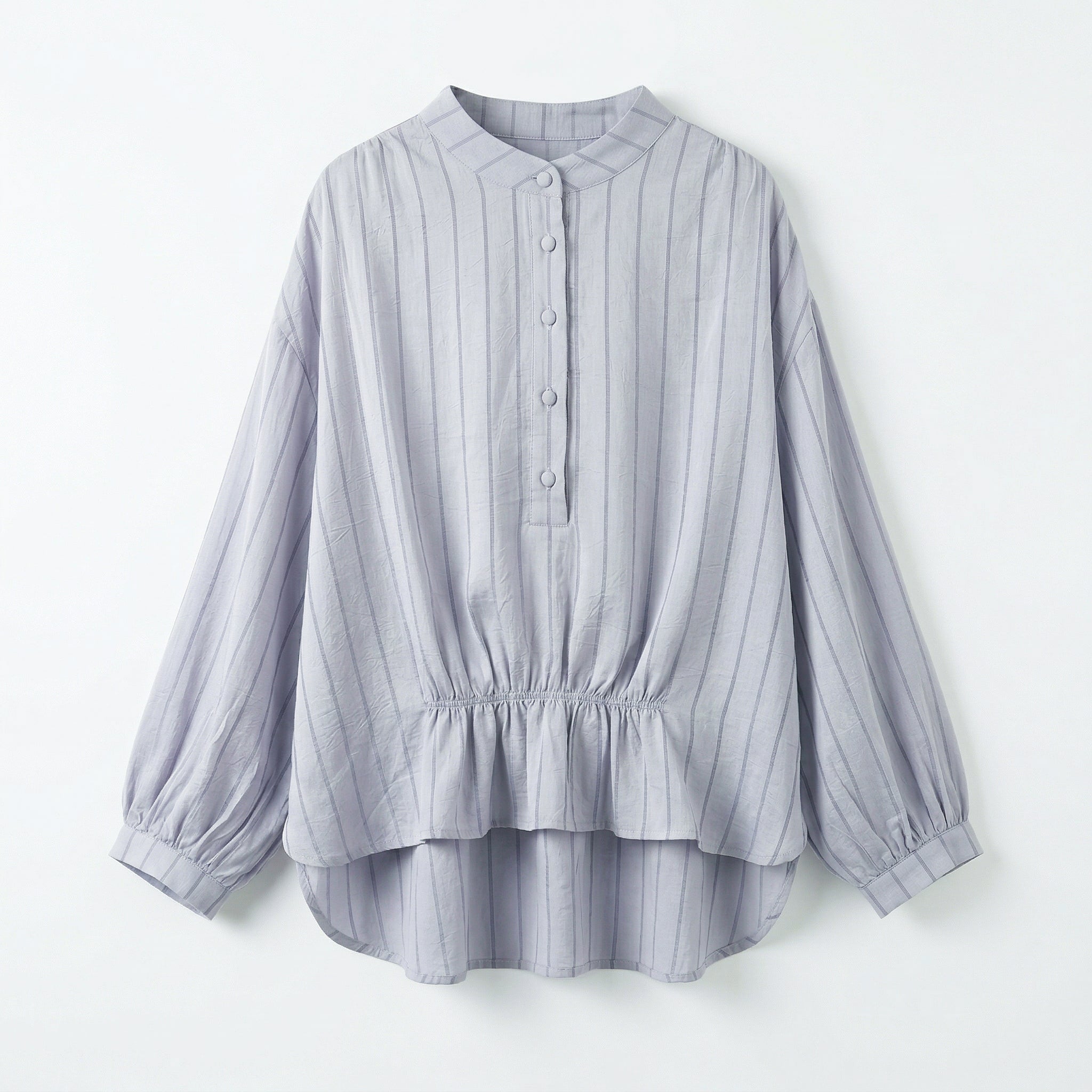 New Chinese-style Light Blue Striped Peplum Blouse