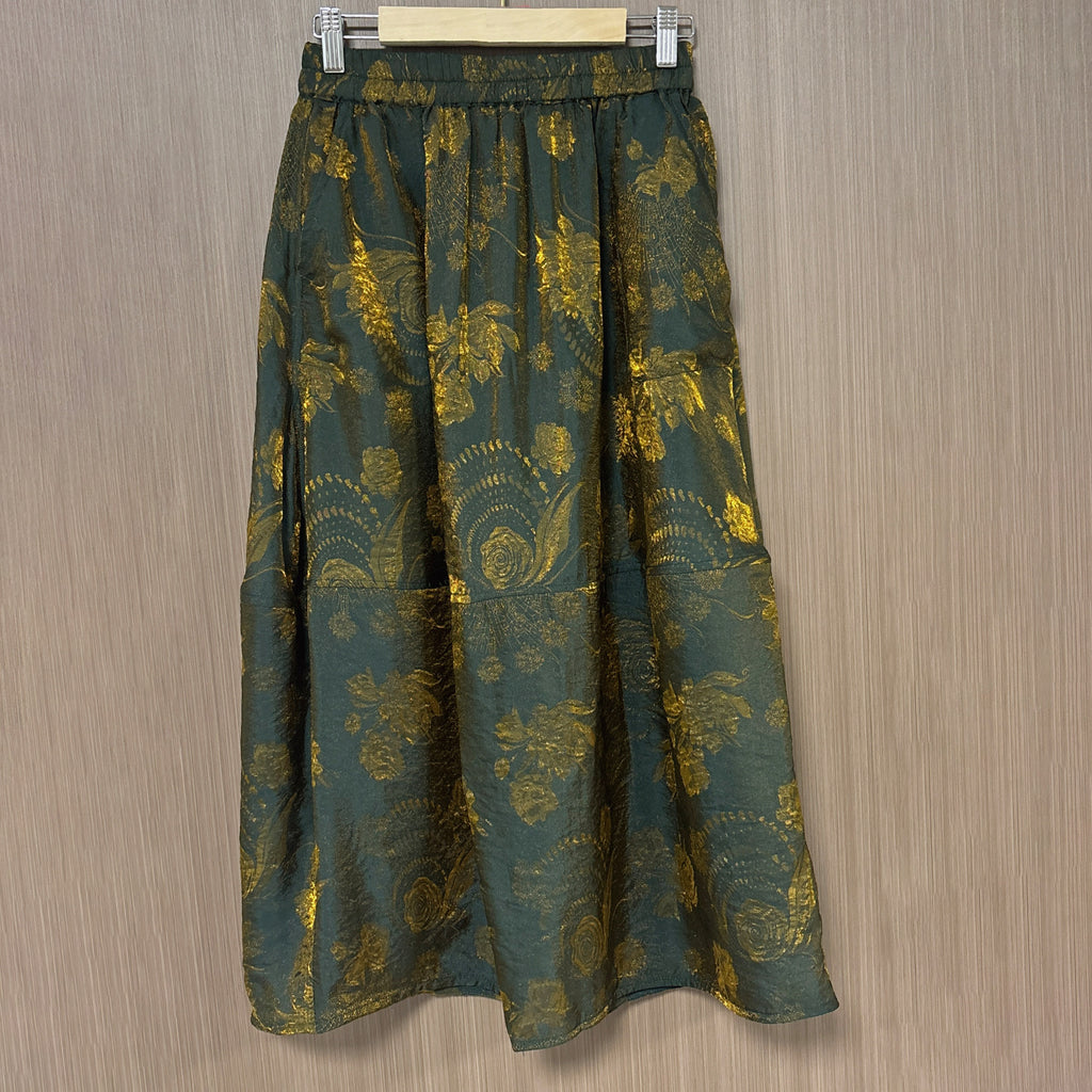 New Chinese-style Green Gold Floral Skirt Elastic Waist Flowy Midi Skirt