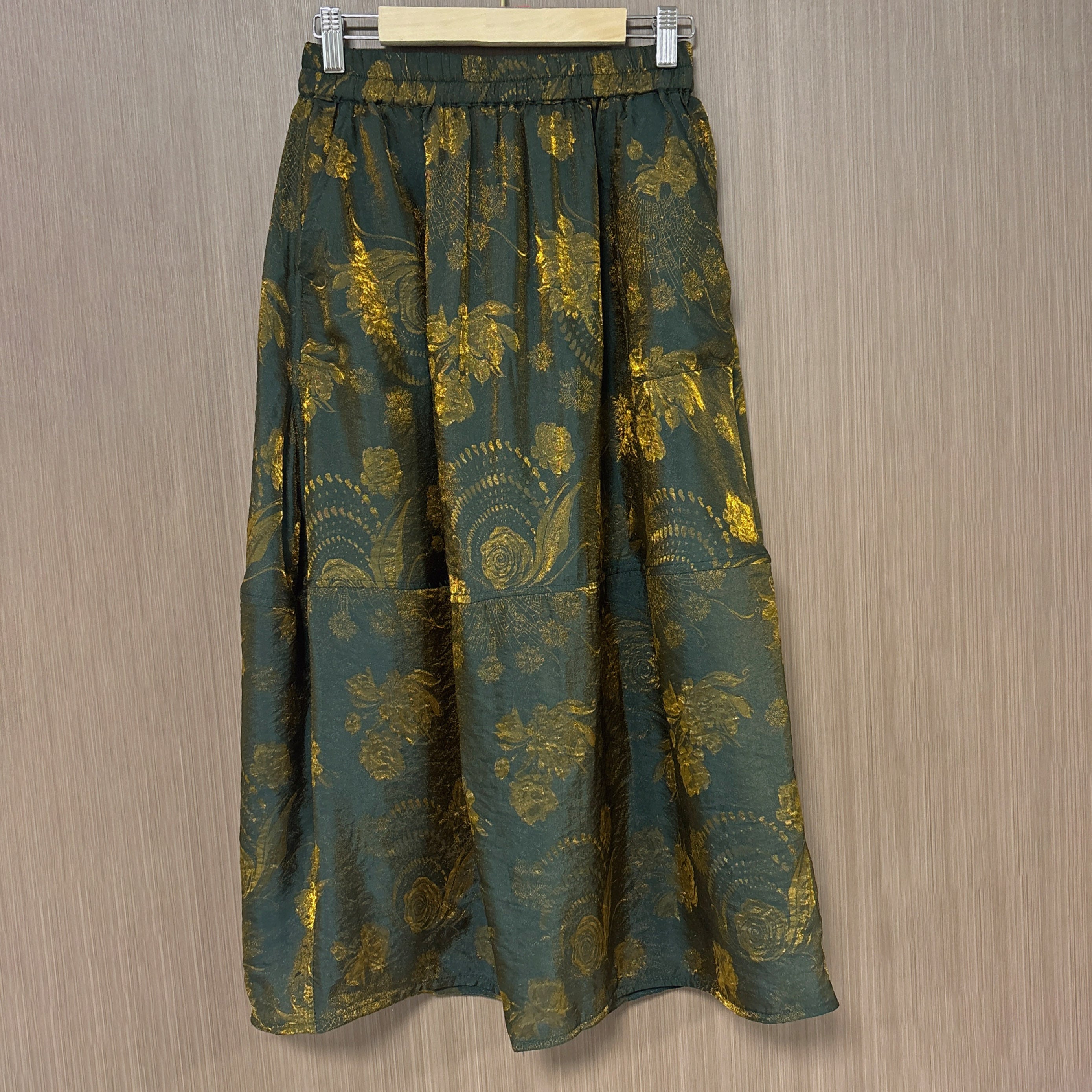 New Chinese-style Green Gold Floral Skirt Elastic Waist Flowy Midi Skirt