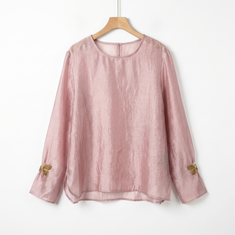 New Chinese-style women's top, round-neck long-sleeve shirt, embroidered sequin butterfly