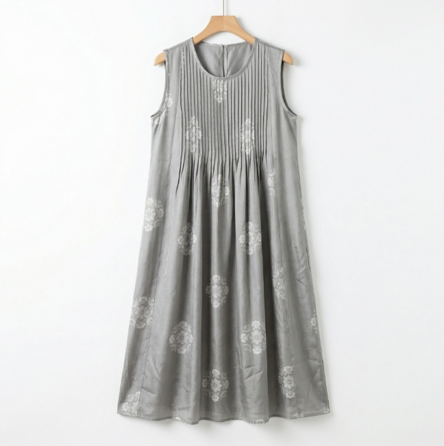 Women's long dress, sleeveless round-neck gray dress, jacquard vest dress