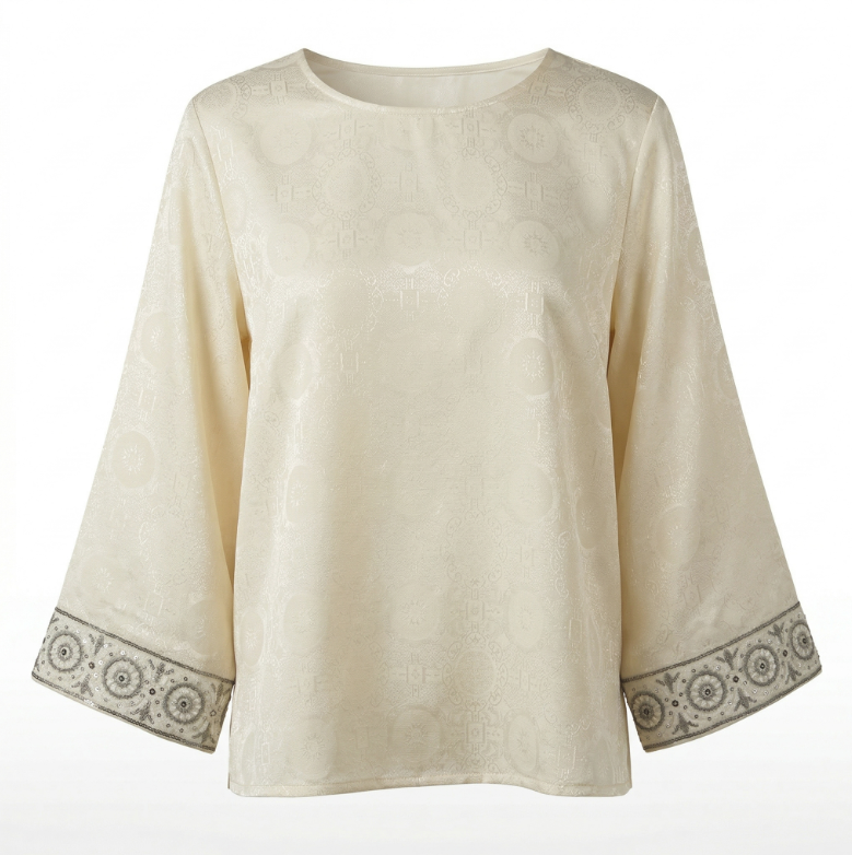 New Chinese-style Women's top jacquard silk shirt three-quarter sleeve embroidery small shirt round neck
