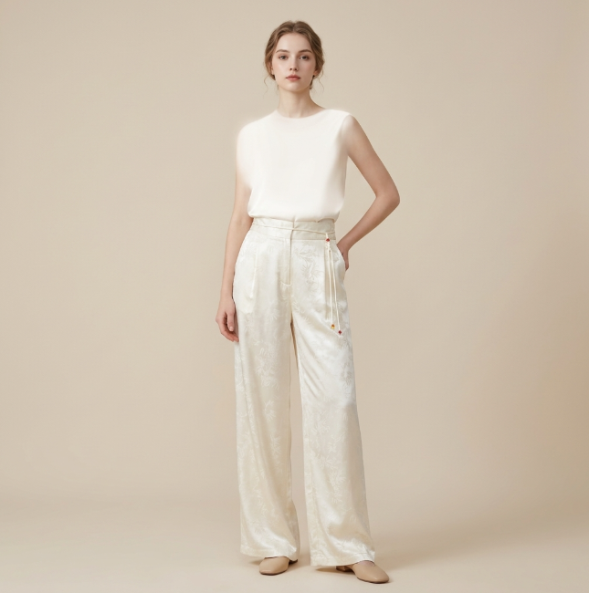 New Chinese-style Bamboo Jacquard Wide-Leg Pants, Cream Satin Draped Casual Trousers