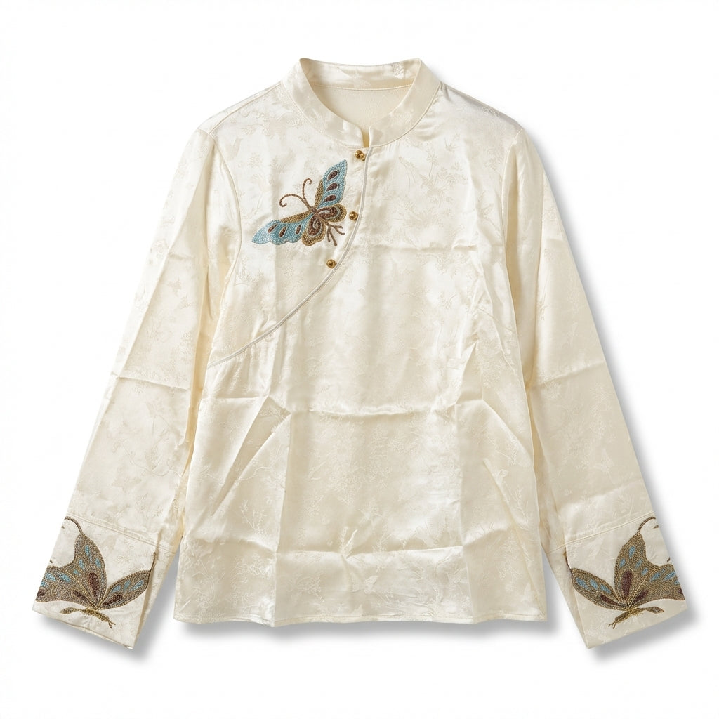 Luxury Satin Jacquard Butterfly Embroidery Top, Chinese Style Commute Shirt