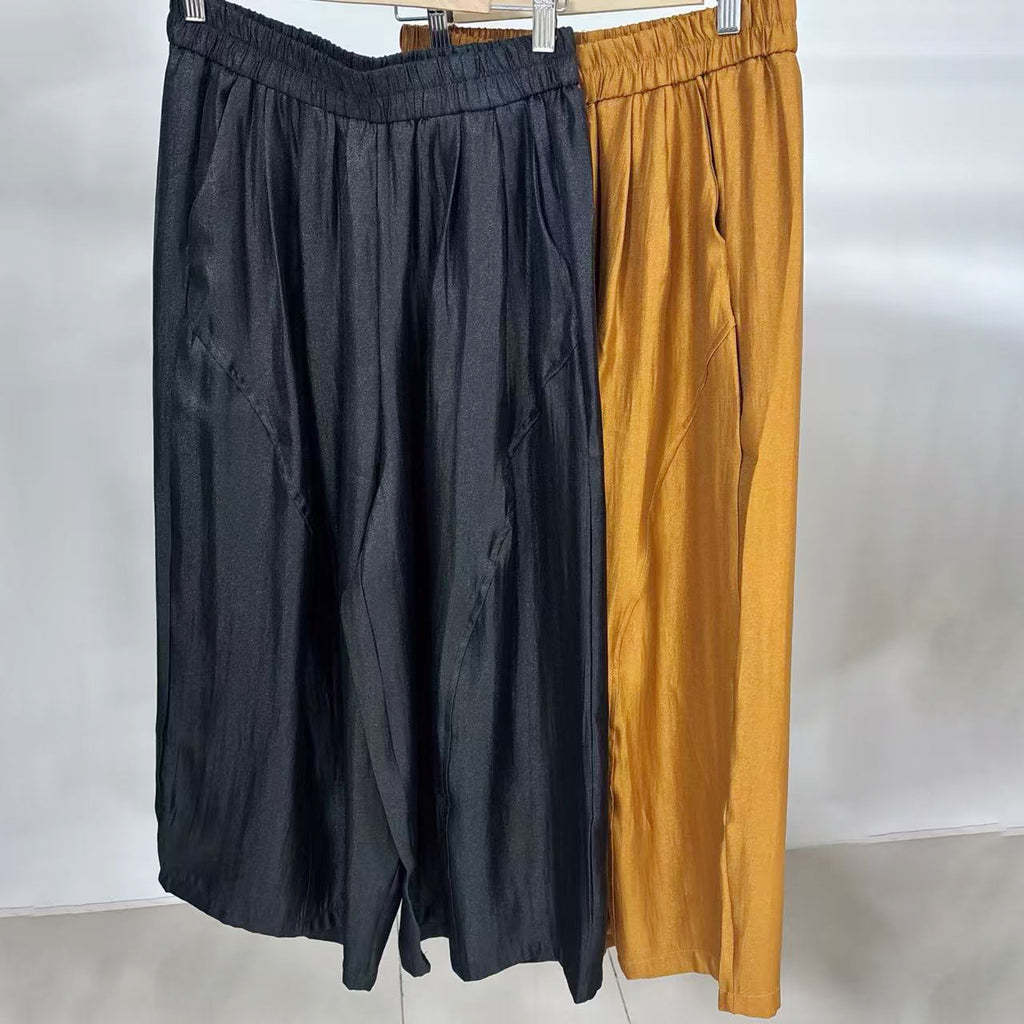 New Chinese-style Satin Elastic Waist Wide-Leg Pants