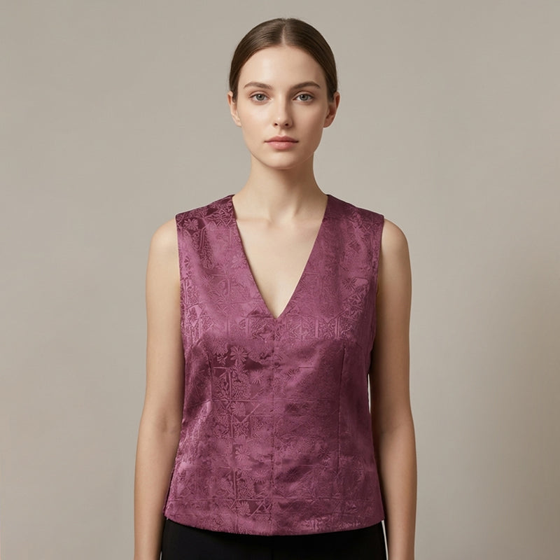 New Chinese-style Dusty Purple Jacquard V-neck Vest