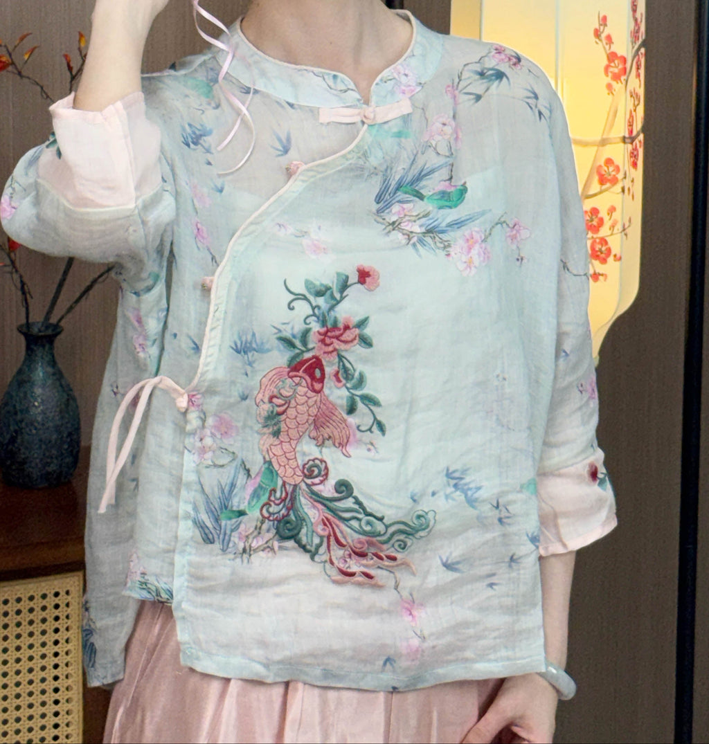 New Chinese-style Koi Embroidered Linen Diagonal Placket Top