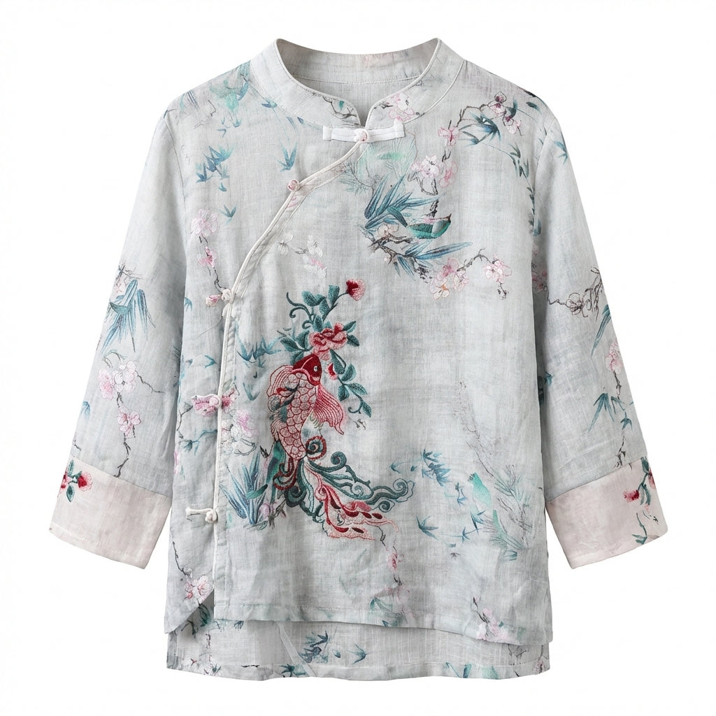 New Chinese-style Koi Embroidered Linen Diagonal Placket Top