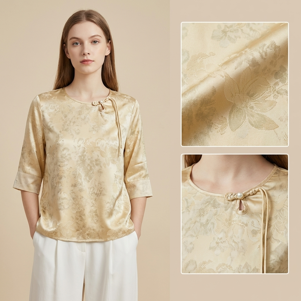 New Chinese-styleWomen's Summer Top, Round Neck, Half Sleeves, Lightweight Elegant Shirt