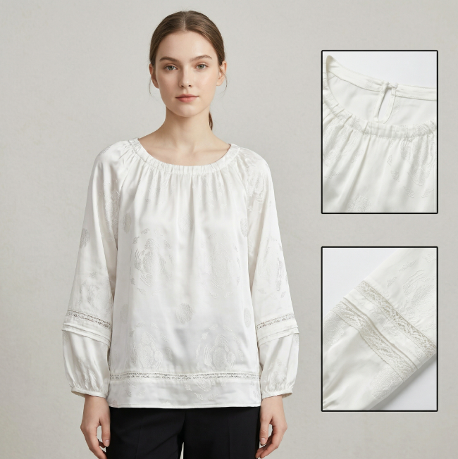 Women's top jacquard fabric round neck lantern sleeve blouse elegant and beautiful