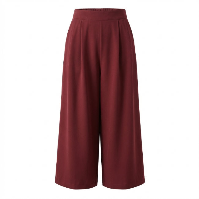 Women's Pants High-Waist Wide-Leg Pants Wine Red Cropped Pants Loose Simple Breathable