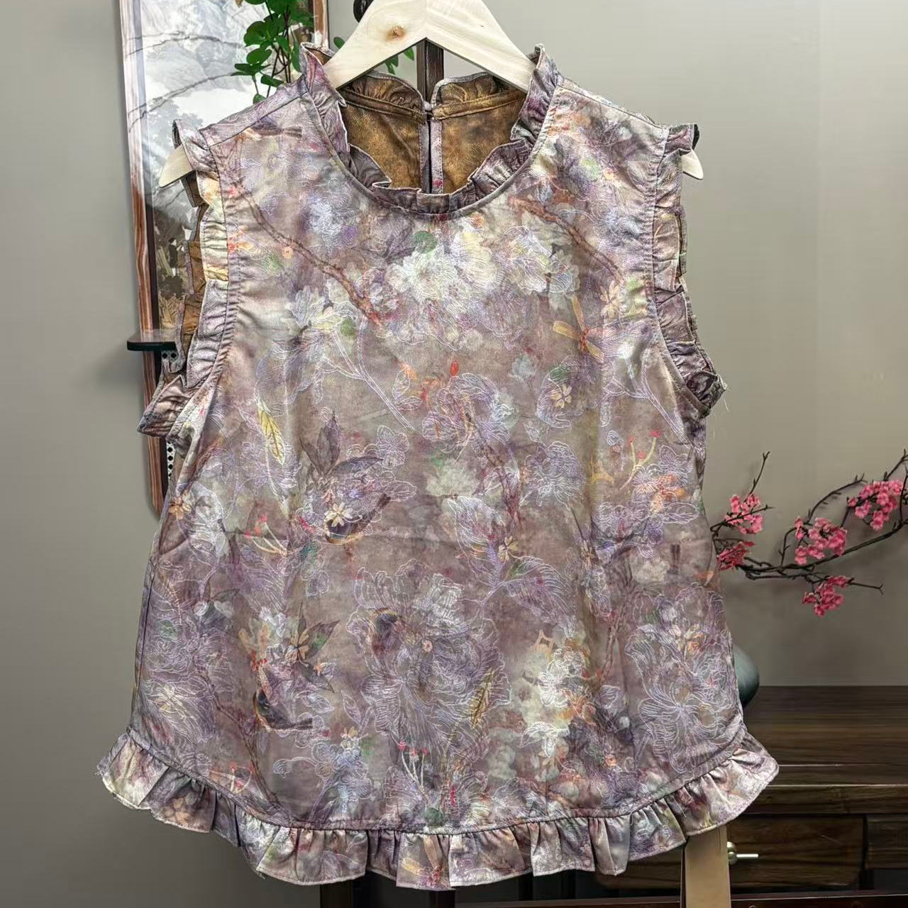 New Chinese-style Purple Floral Jacquard Ruffle Sleeveless Top
