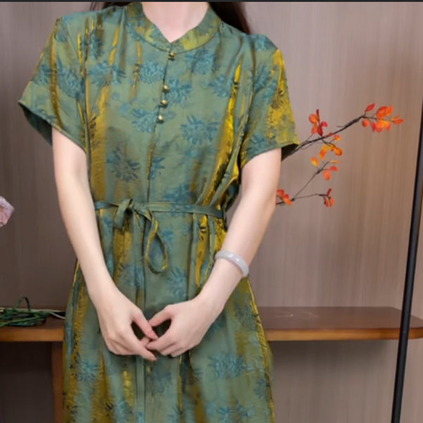 New Chinese Style Dark Green Jacquard Improved Qipao Dress