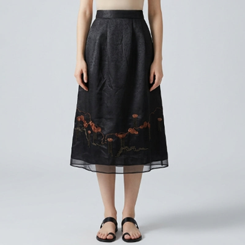 New Chinese-style Auspicious Cloud Embroidery Skirt, Black Hidden Pattern Jacquard A-Line Midi Skirt