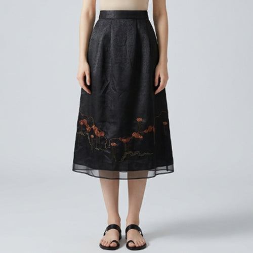 New Chinese-style Auspicious Cloud Embroidery Skirt, Black Hidden Pattern Jacquard A-Line Midi Skirt