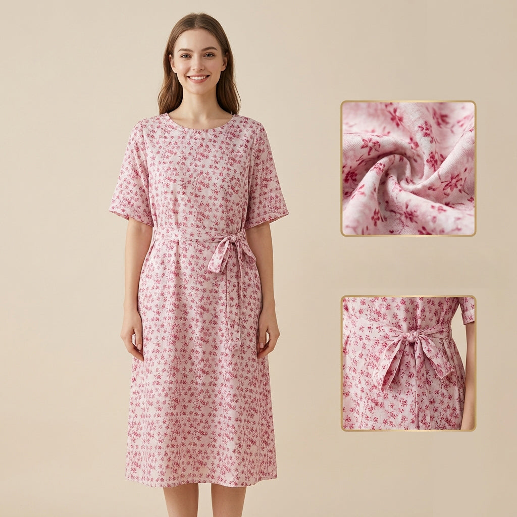New Chinese-Style Pink Small Floral Waist-trimmed Dress