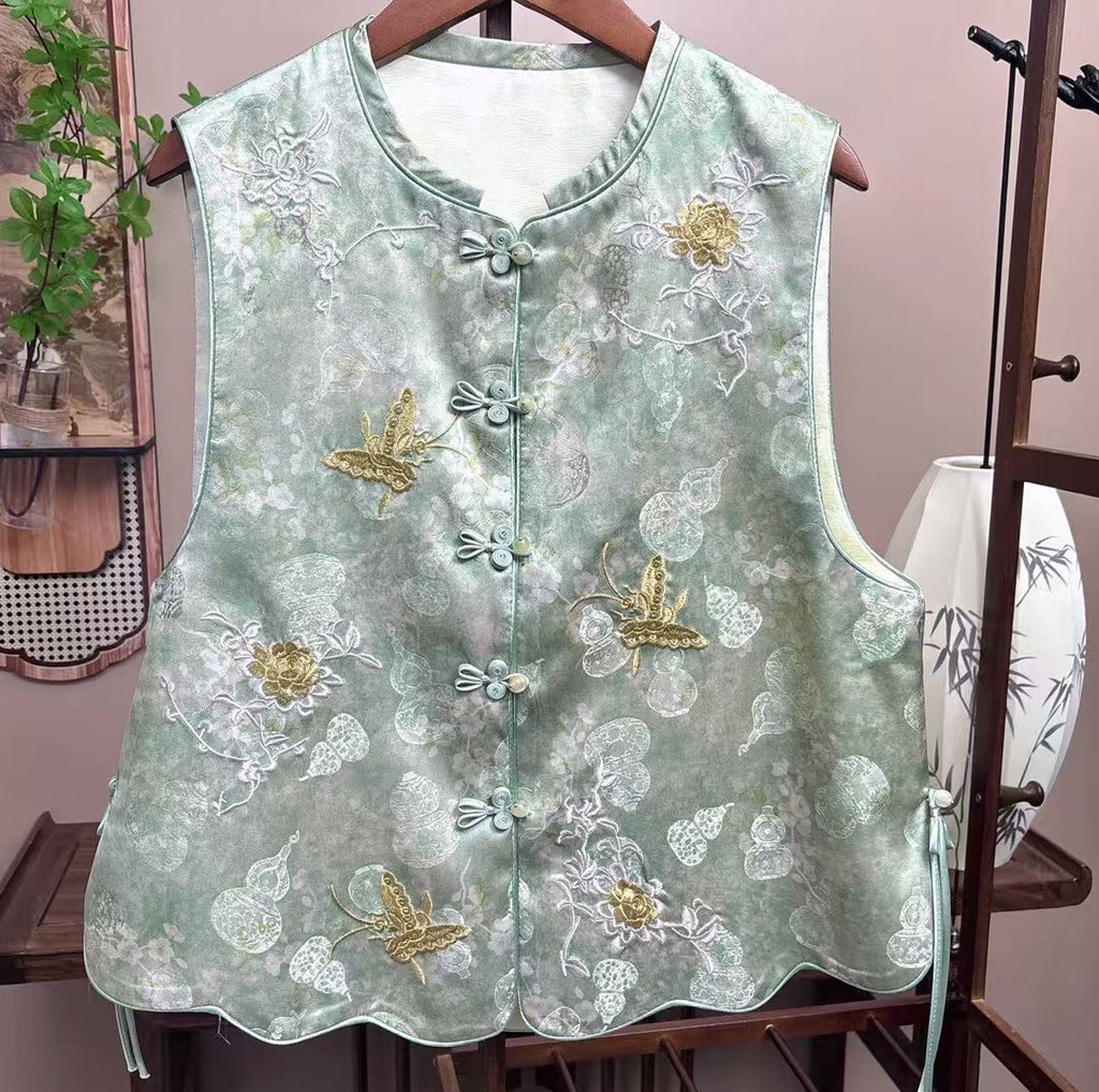 New Chinese-style Light Green Butterfly Embroidered Chinese Vest