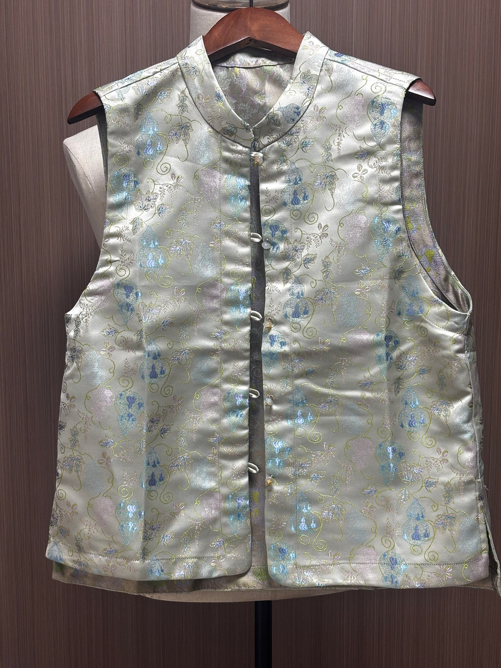 New Chinese Style Gourd Jacquard Stand Collar Vest Chinese Satin Frog Button Sleeveless Gilet