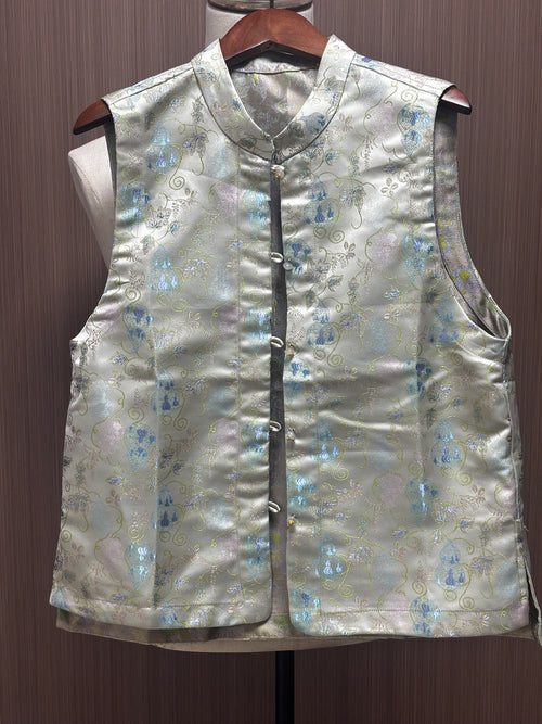 New Chinese Style Gourd Jacquard Stand Collar Vest Chinese Satin Frog Button Sleeveless Gilet