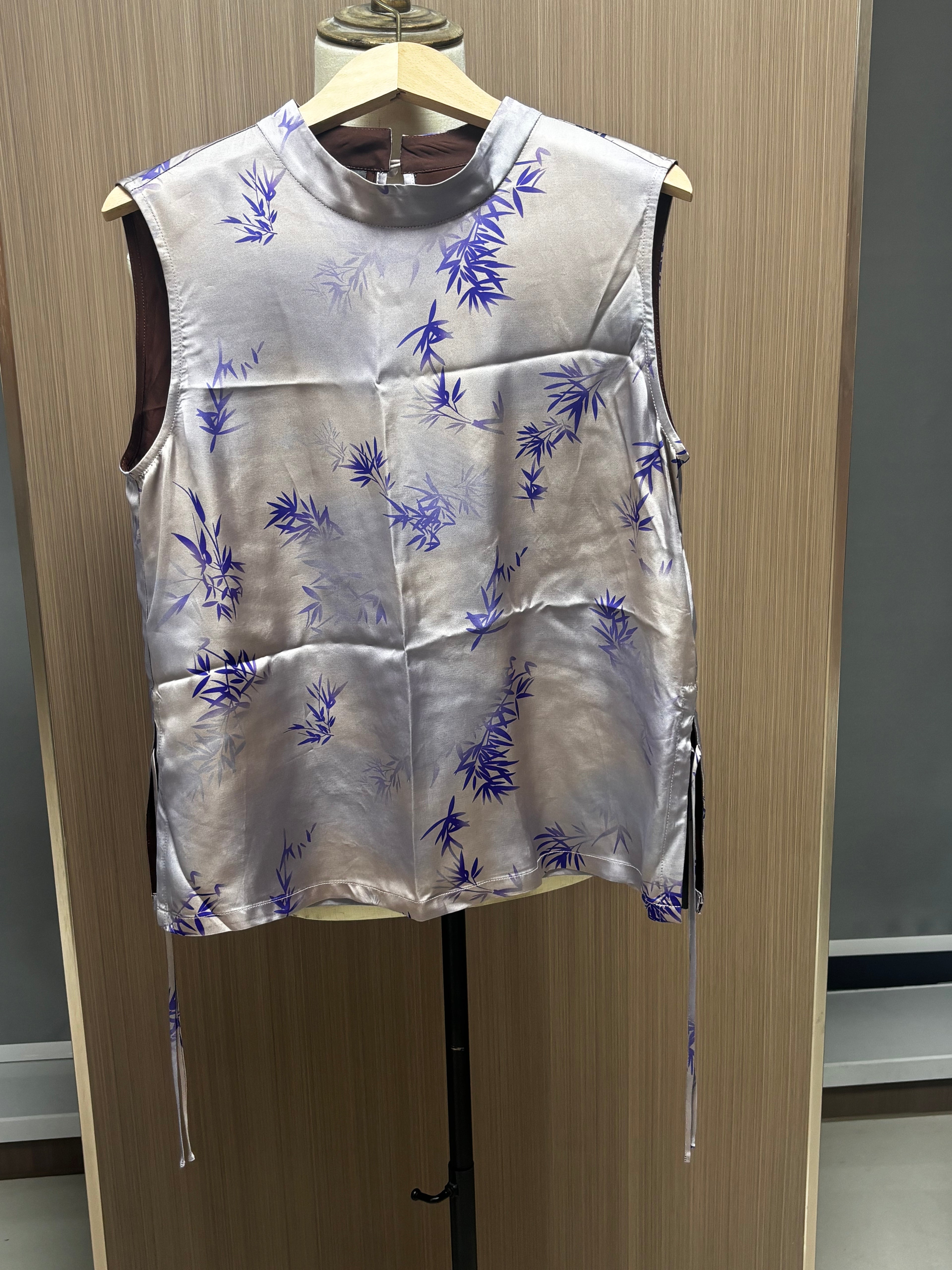 Women's Top Sleeveless Stand Collar Satin Print Chinese-Style Vest