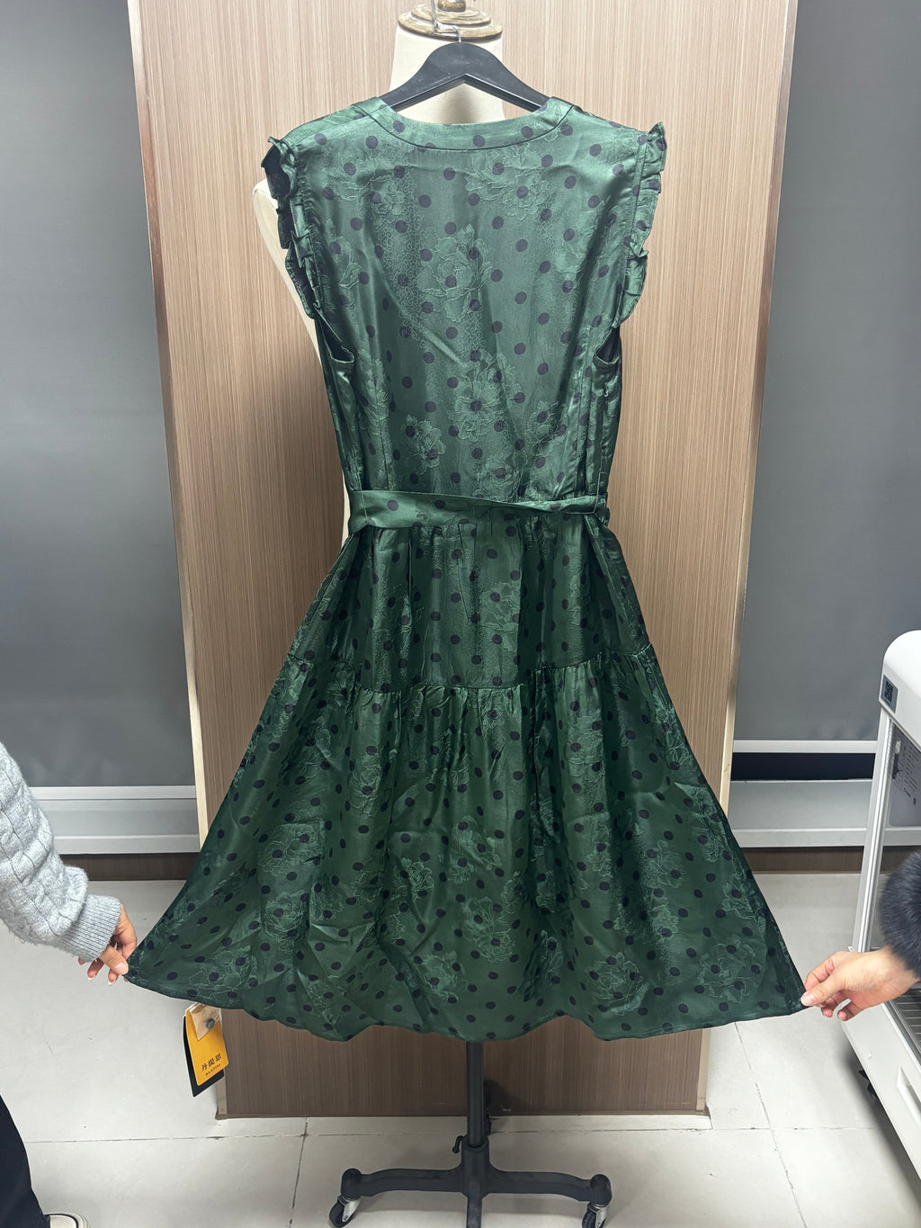 Green Polka Dot Dress Women's Long Dress Sleeveless with Belt