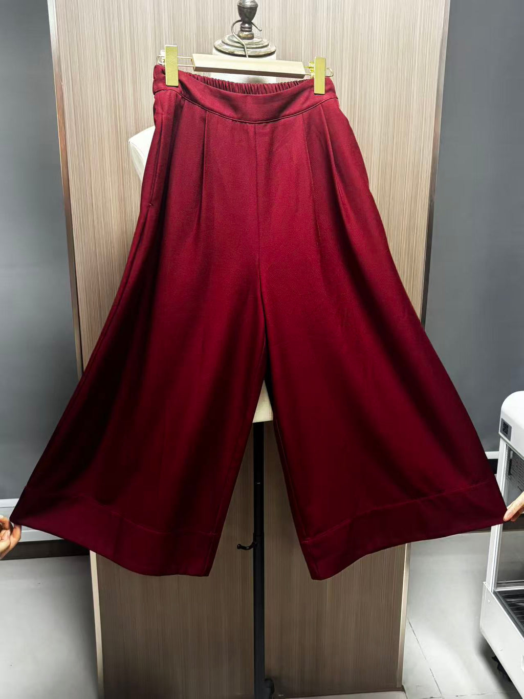 Women's Pants High-Waist Wide-Leg Pants Wine Red Cropped Pants Loose Simple Breathable