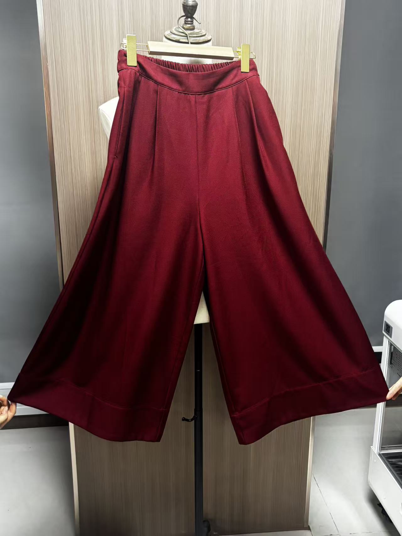Women's Pants High-Waist Wide-Leg Pants Wine Red Cropped Pants Loose Simple Breathable
