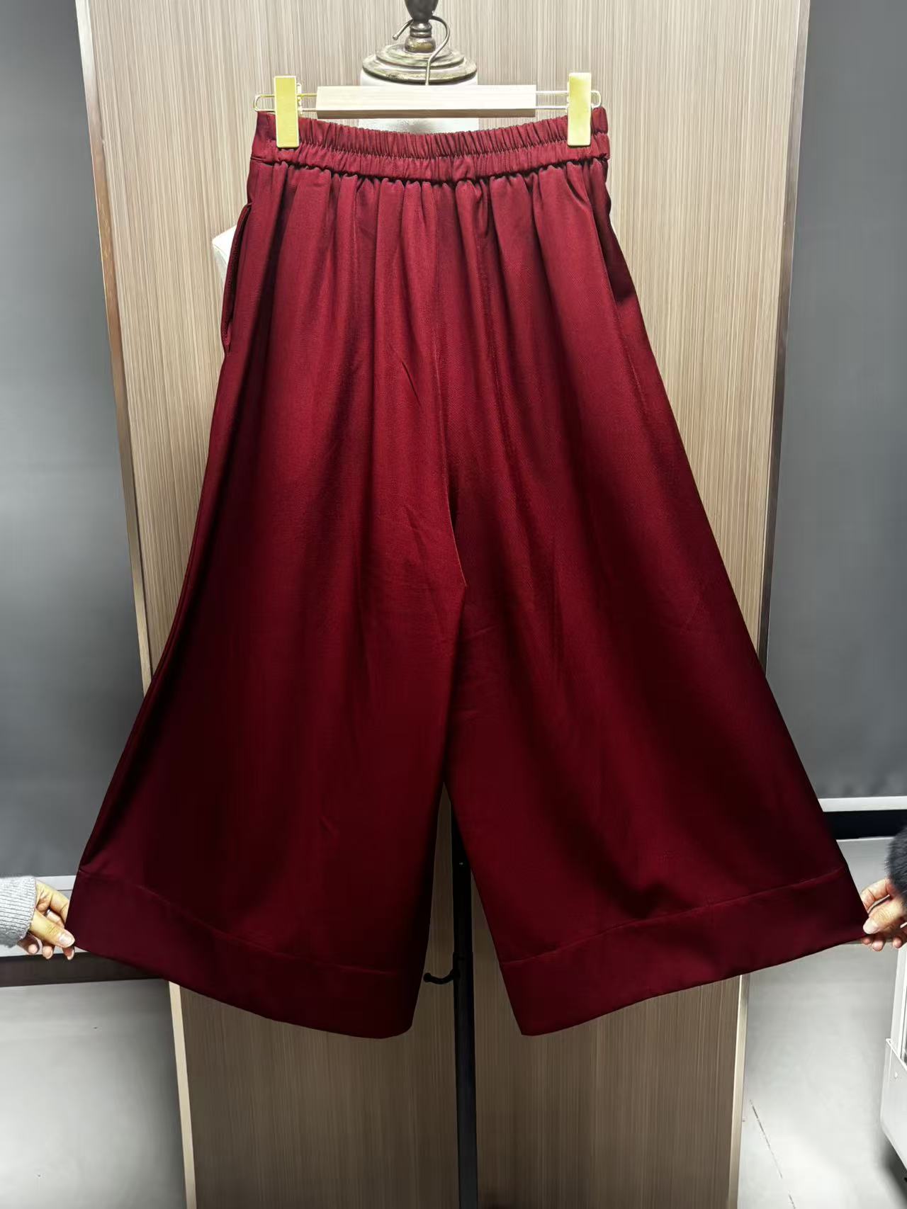 Women's Pants High-Waist Wide-Leg Pants Wine Red Cropped Pants Loose Simple Breathable