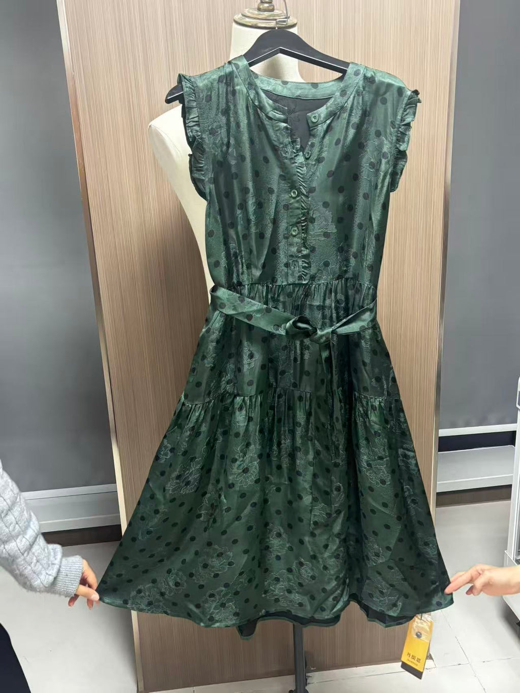 Green Polka Dot Dress Women's Long Dress Sleeveless with Belt
