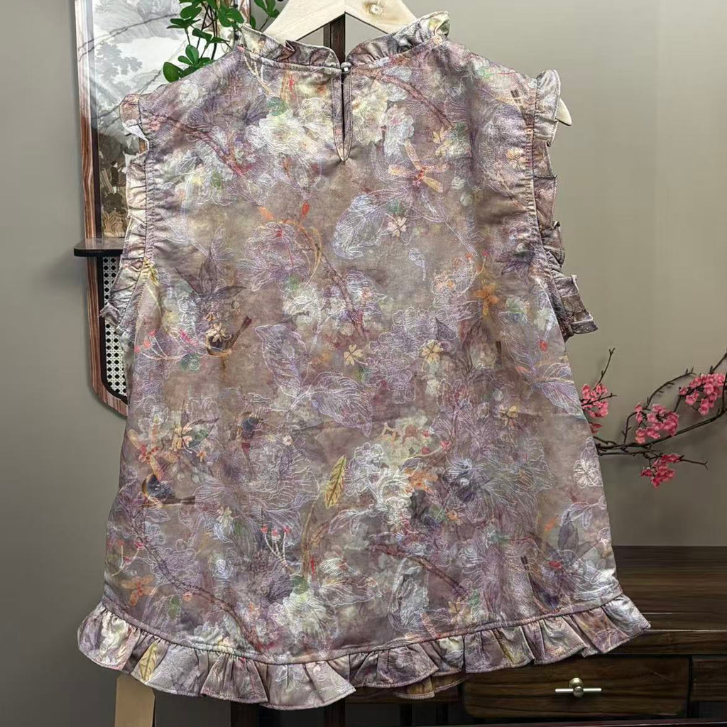 New Chinese-style Purple Floral Jacquard Ruffle Sleeveless Top