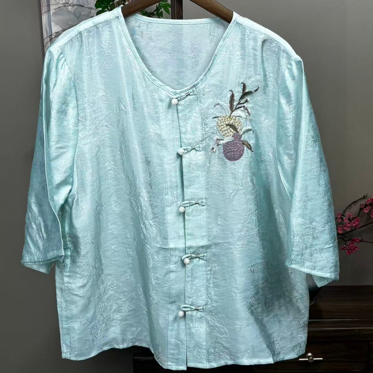 New Chinese-style Light Blue Jacquard Frog Button Embroidered Blouse