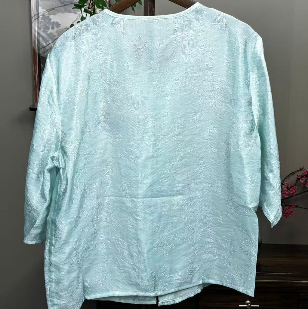 New Chinese-style Light Blue Jacquard Frog Button Embroidered Blouse