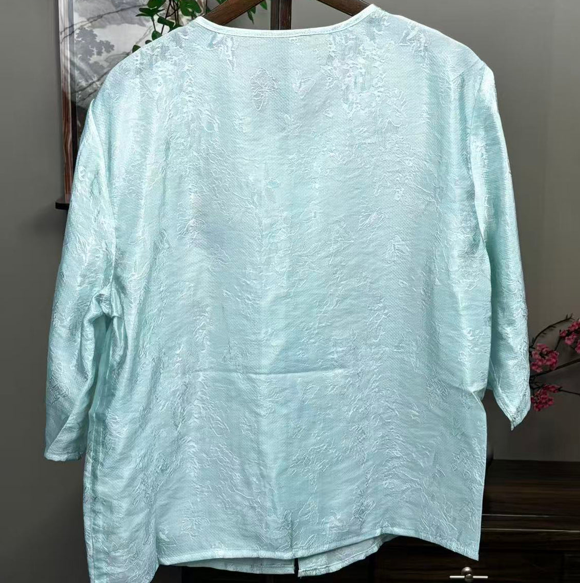 New Chinese-style Light Blue Jacquard Frog Button Embroidered Blouse