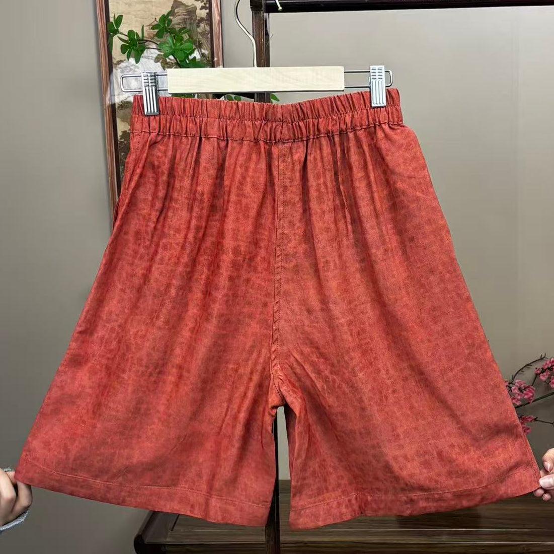Retro Red-Copper Satin Wide Leg Shorts