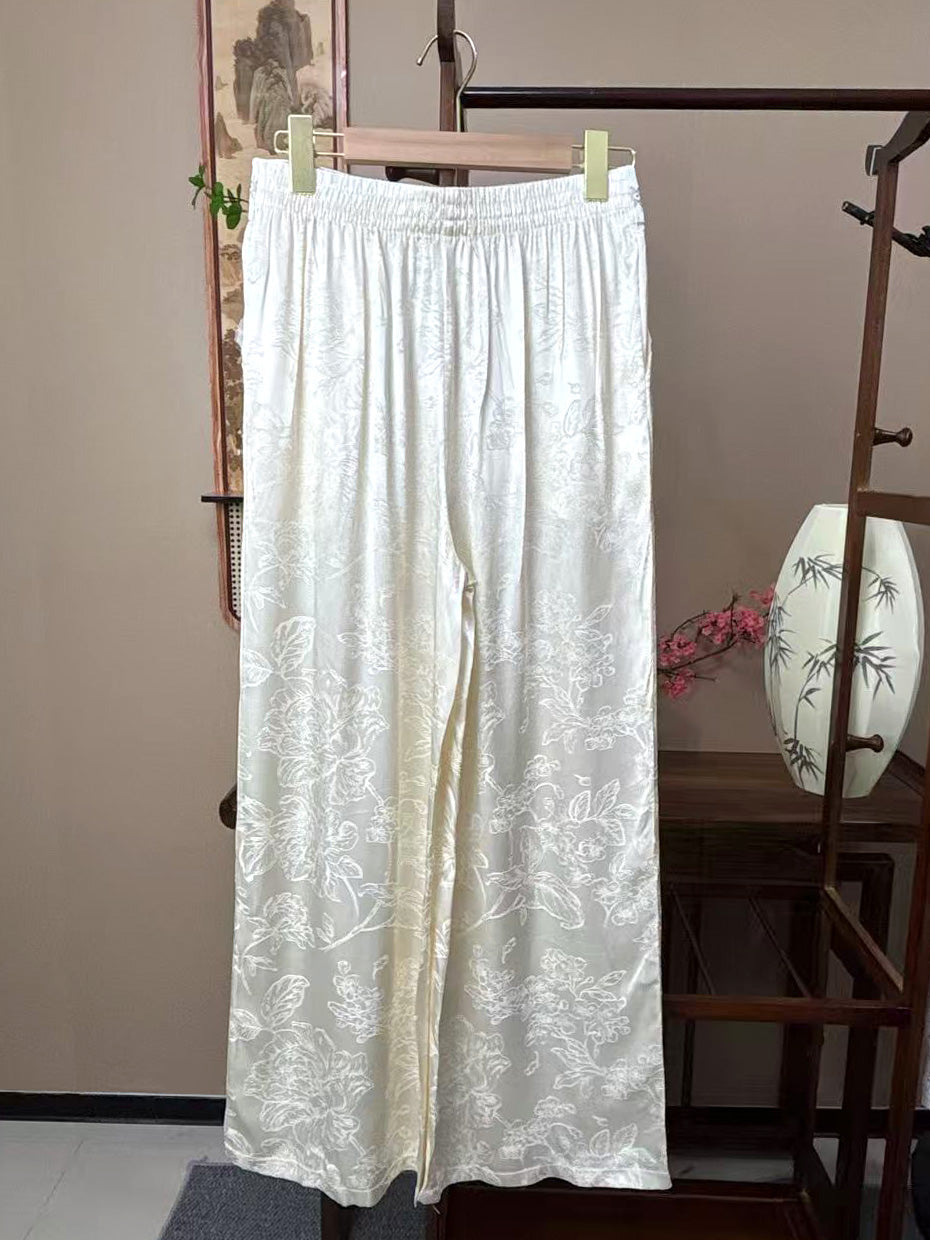 New Chinese-style Off-White Jacquard Wide-Leg Pants