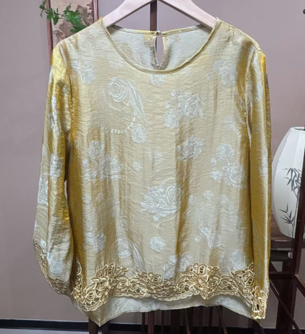 New Chinese-style Gold Floral Jacquard Lace Chinese Blouse