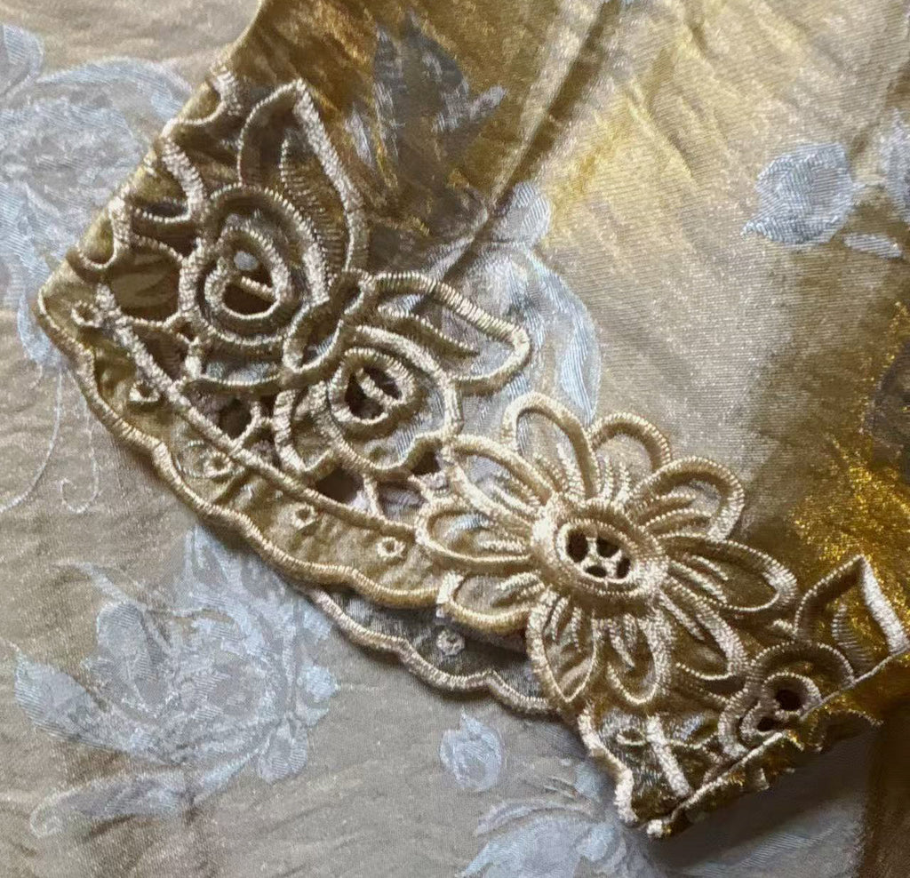 New Chinese-style Gold Floral Jacquard Lace Chinese Blouse
