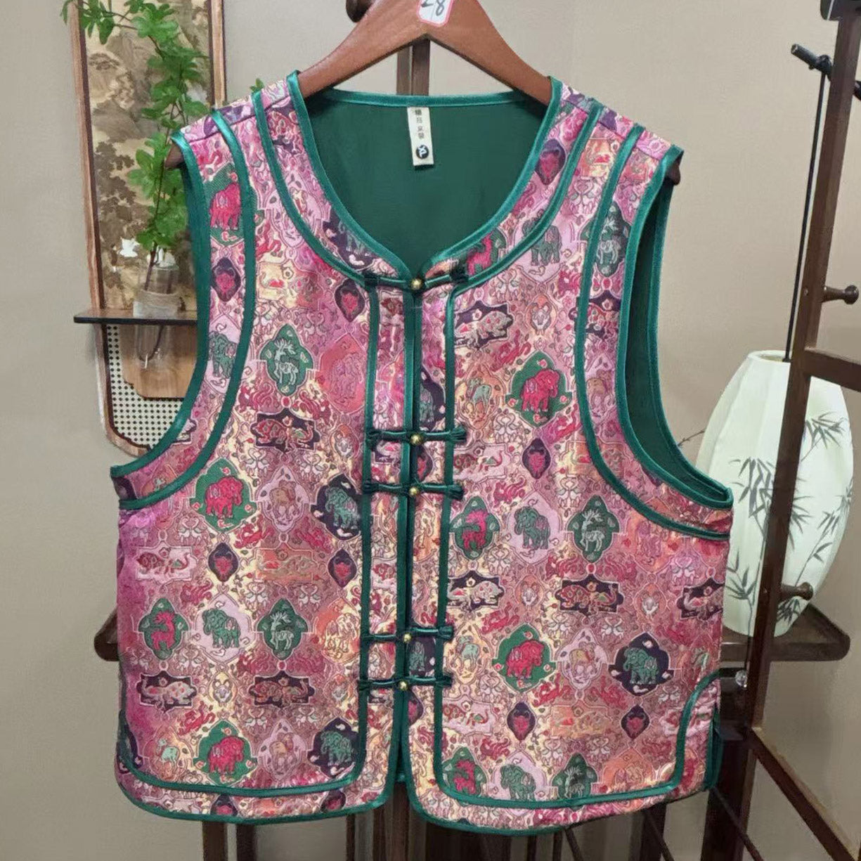 New Chinese-style Pink Green Brocade Chinese Style Vest