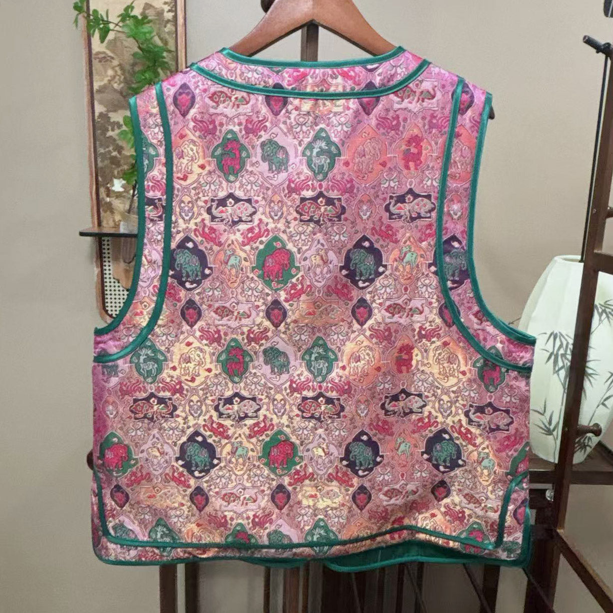 New Chinese-style Pink Green Brocade Chinese Style Vest