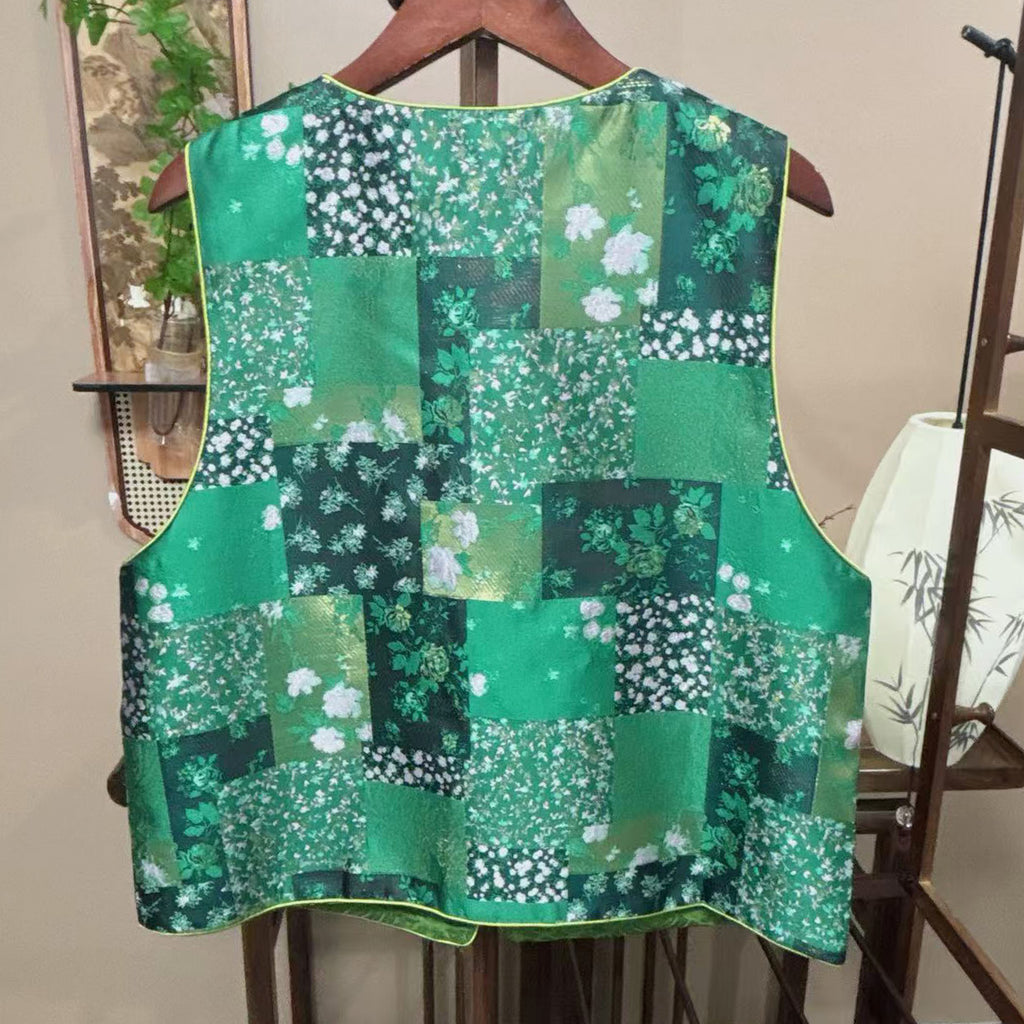New Chinese-style Green Patchwork Chinese Frog Button Vest