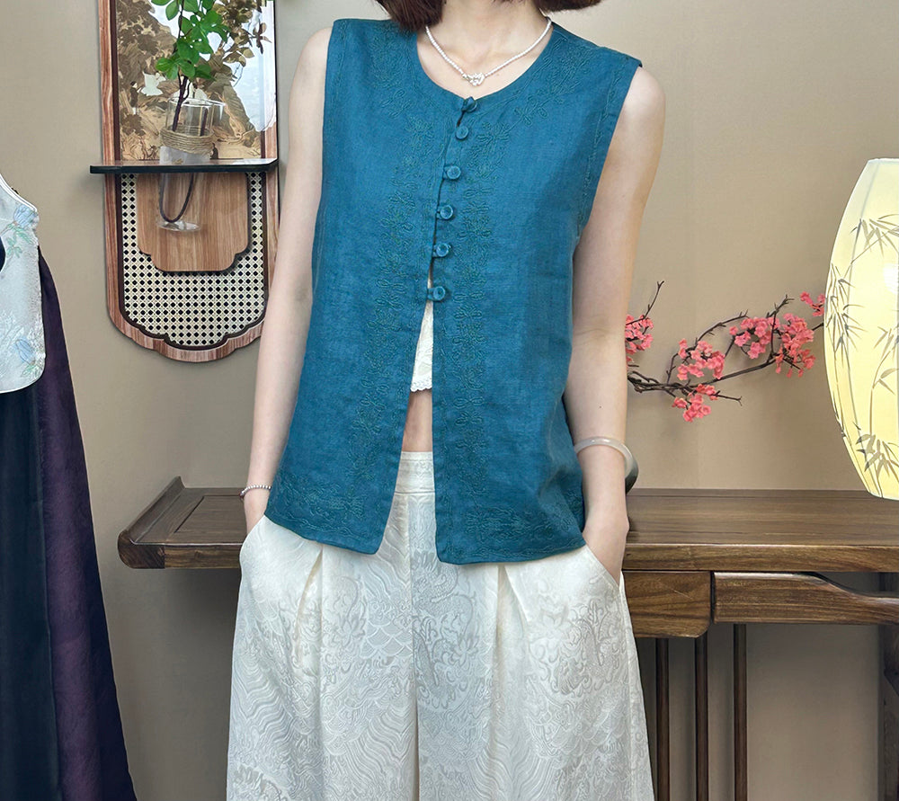 Women's Top Heavy Embroidery Linen Vest Skin-Friendly and Comfortable