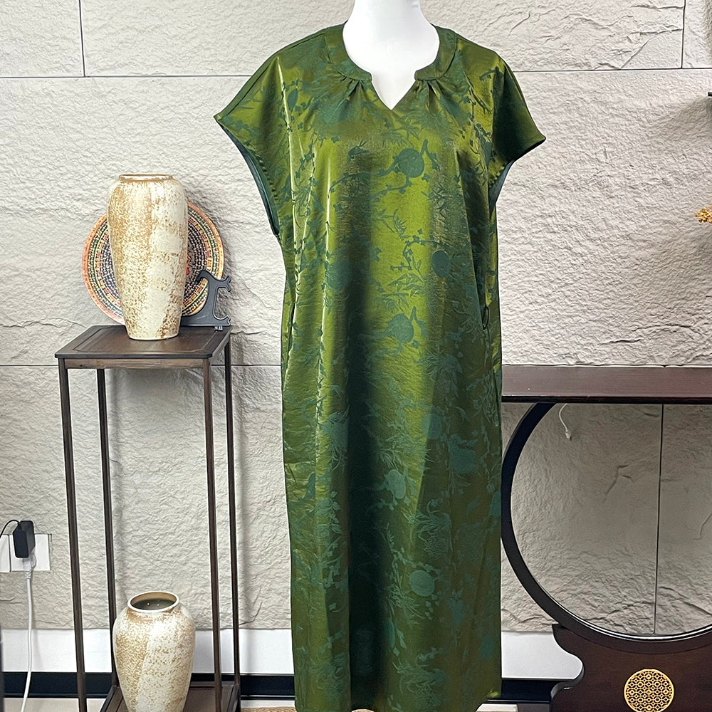 New Chinese-style Olive Green Jacquard Dress for Women, Long Dress, Casual